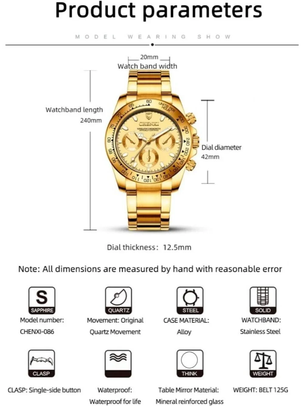 Men's All Gold Analog Quartz Stainless Steel Crystals Classic Style Wrist Watch